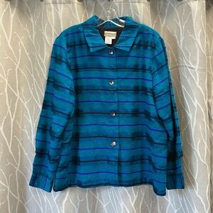 Coldwater Creek Black, Turquoise, Purple Silk Striped Long Sleeve Jacket